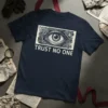 Trust No One T-Shirt with a detailed eye graphic and circuit board design, navy blue