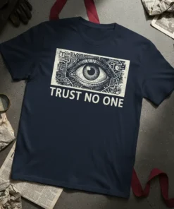 Trust No One T-Shirt with a detailed eye graphic and circuit board design, navy blue