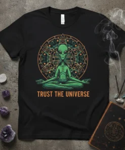 Alien meditating in lotus pose with "Trust the Universe" text and a mandala on a black t-shirt