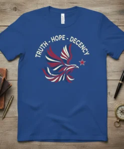 Blue t-shirt with "TRUTH - HOPE - DECENCY" text and a red, white, and blue eagle graphic with a star