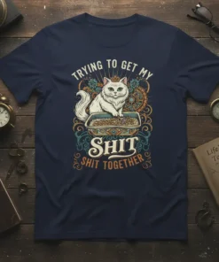 Trying to Get My Shit Shit Together text on a navy t-shirt with a fluffy white cat sitting in a