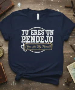 Navy t-shirt with white text "TU ERES UN PENDEJO" and smaller text "(You Are My Friend)" below, featuring vintage distressed