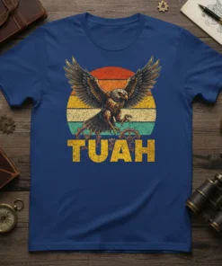 TUAH Steampunk Eagle T-Shirt with vintage sunset, mechanical bird, and gears