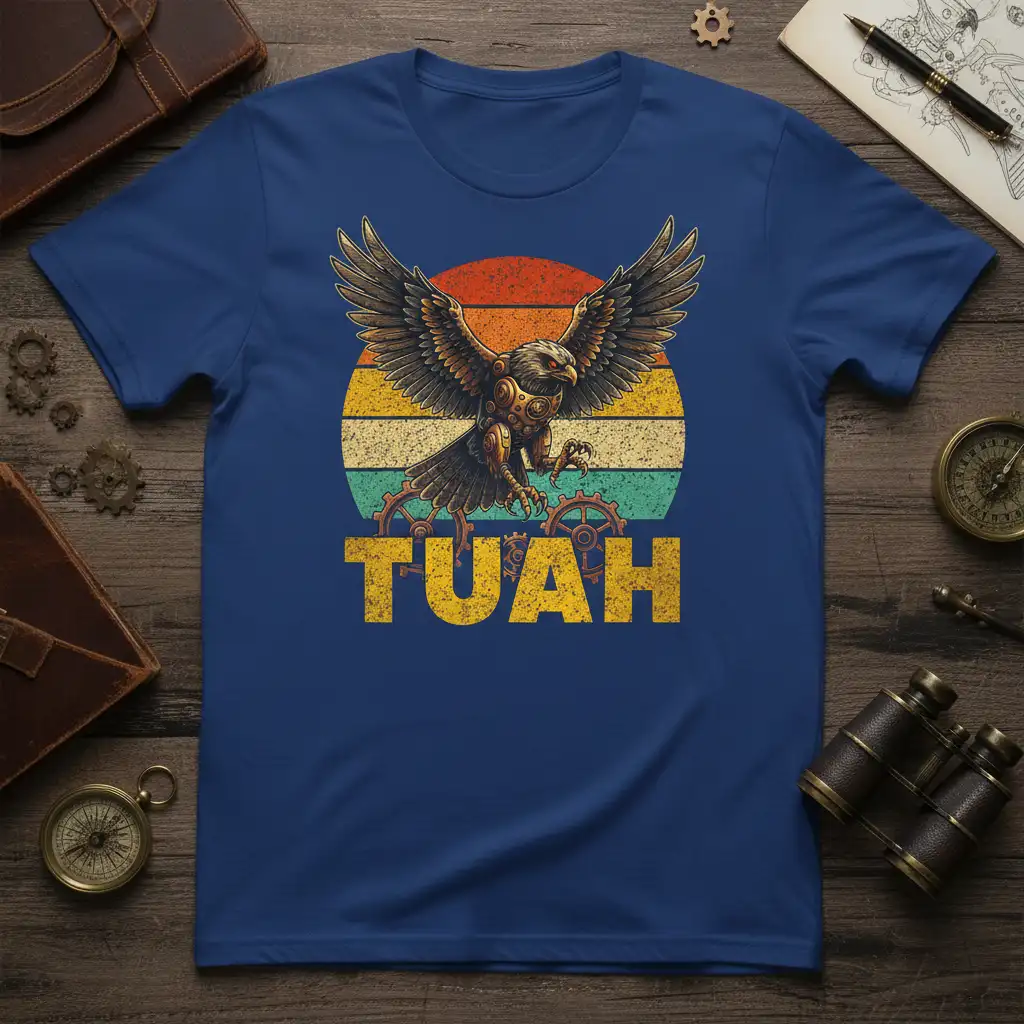 TUAH text with a mechanical steampunk eagle graphic and retro sunset stripes
