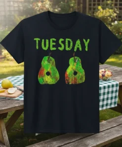 Black t-shirt with green distressed text "TUESDAY" above two green and red painted pears