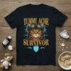 Tummy Ache Survivor T-Shirt design with a cat wearing aviator goggles and helmet, lightning background