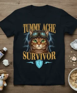 Tummy Ache Survivor T-Shirt design with a cat wearing aviator goggles and helmet, lightning background