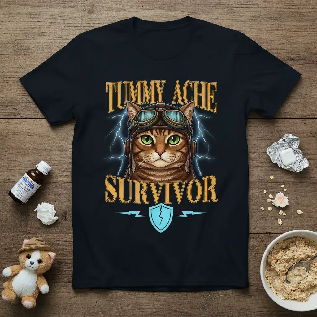Tummy Ache Survivor quote on a t-shirt with a brave cat wearing aviator gear and lightning