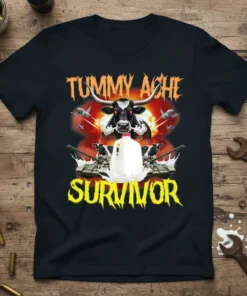 Tummy Ache Survivor t-shirt with a black bull, tanks, jets, and milk jug graphic
