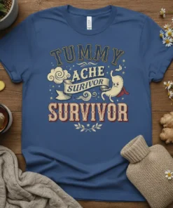 Tummy Ache Survivor t-shirt with a cartoon stomach character and distressed text