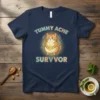 Tummy Ache Survvivor T-Shirt with a cute, round cat illustration and distressed typography that reads "TUMMY ACHE SURVVOR"