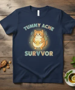 Tummy Ache Survvivor T-Shirt with a cute, round cat illustration and distressed typography that reads "TUMMY ACHE SURVVOR"
