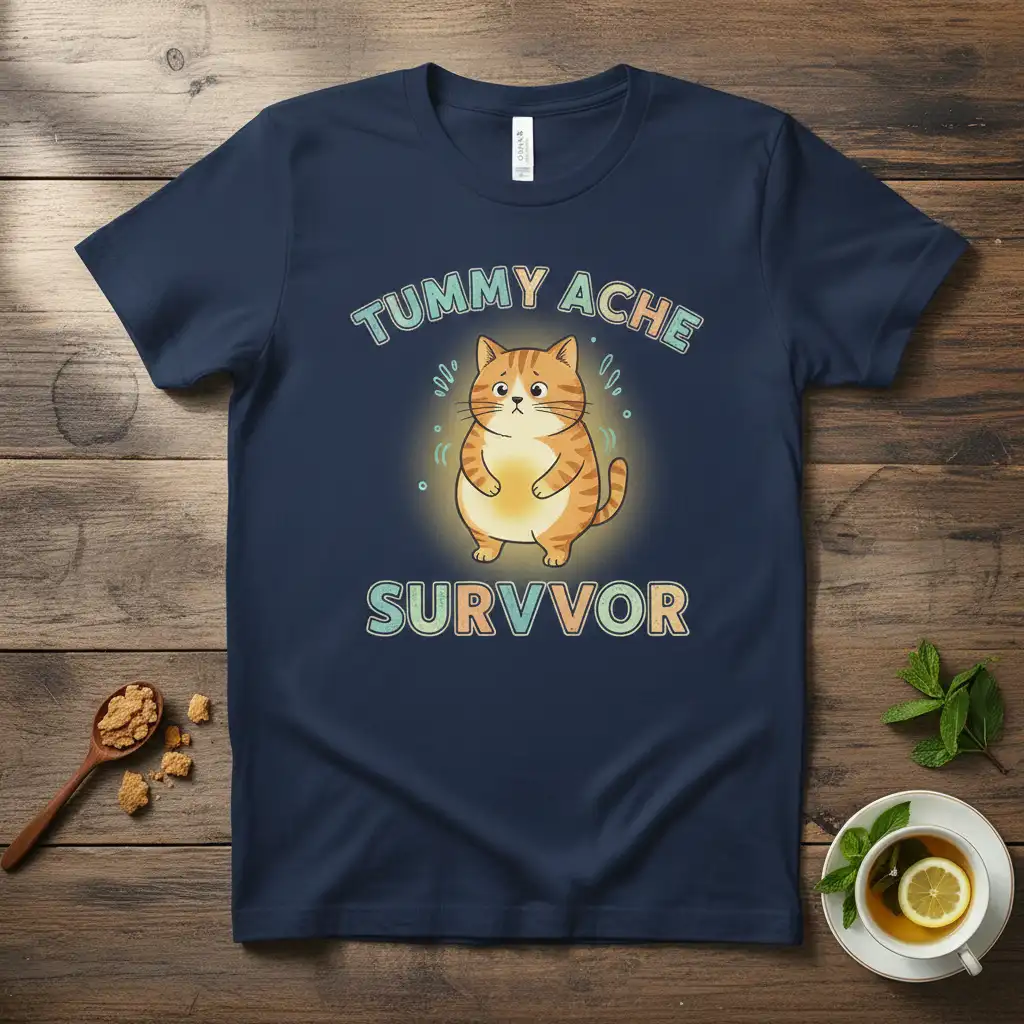 TUMMY ACHE SURVVOR bold typography printed on durable material creating a standout t-shirt