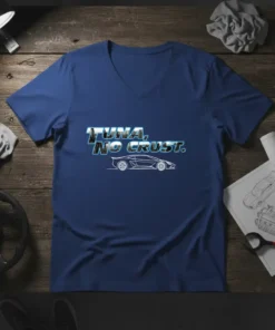 Tuna, No Crust. text above a sports car outline on a navy blue V-neck t-shirt