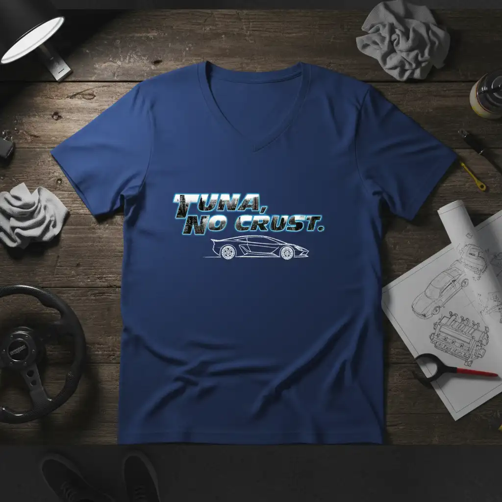 Tuna, No Crust. text and sports car graphic on a navy blue t-shirt for car lovers