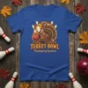 Turkey Bowl Thanksgiving Knockout t-shirt design featuring a turkey holding a bowling ball with pins in the background