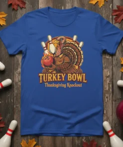 Turkey Bowl Thanksgiving Knockout t-shirt design featuring a turkey holding a bowling ball with pins in the background