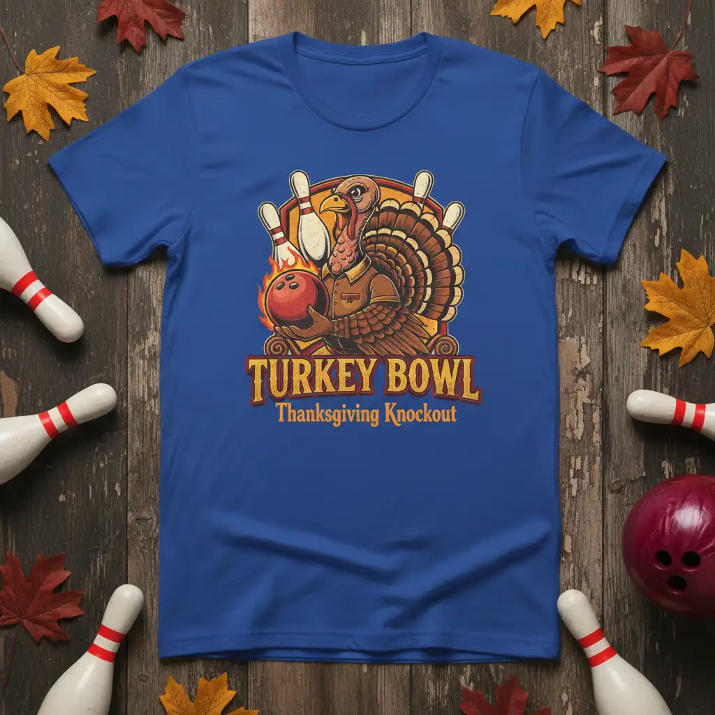 Turkey Bowl Thanksgiving Knockout design with a turkey bowling and festive text, perfect for holiday sports fans