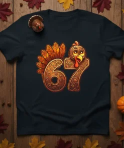 A black t-shirt featuring the number 67 designed with a festive turkey head and tail feathers, celebrating Thanksgiving