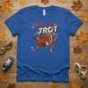 Turkey Trot T-Shirt design featuring a cartoon running turkey with text "Turkey TROT" and falling autumn leaves