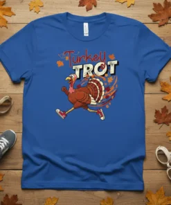 Turkey Trot T-Shirt design featuring a cartoon running turkey with text "Turkey TROT" and falling autumn leaves
