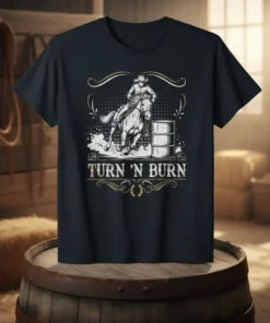 Turn 'N Burn barrel racing design with a cowboy on a horse rounding barrels, featuring distressed typography