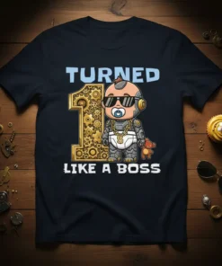 Turned 1 Like A Boss text with a cartoon robot baby wearing sunglasses and a gold chain on a black