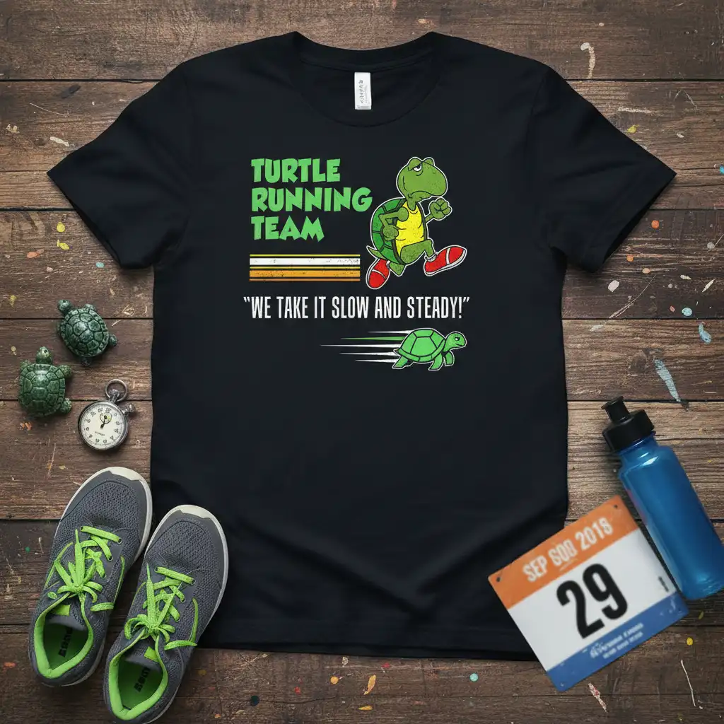 Turtle Running Team We Take It Slow And Steady quote with cartoon turtles on a black t-shirt graphic