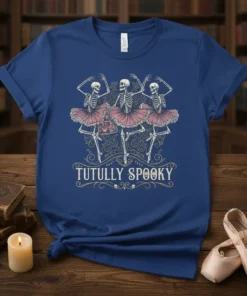 Tutully Spooky t-shirt design with three skeletons in pink tutus dancing, holding a bag, and the text "Tutully Spooky" below