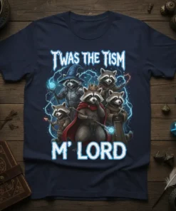 Twas the Tism M' Lord T-shirt design with a fantasy raccoon crew, wizard raccoon, king raccoon, and monk raccoon