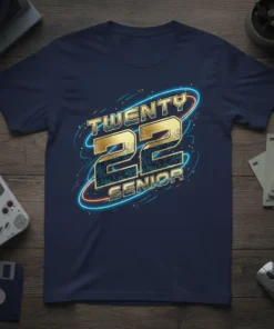 TWENTY 22 SENIOR text in gold and blue neon on a navy blue t-shirt, celebrating the class of 2022 graduation