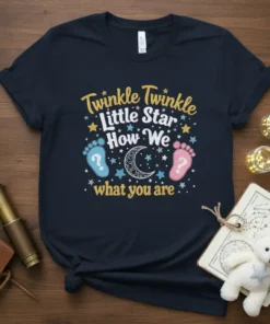 Twinkle Twinkle Little Star How We what you are text with blue and pink footprints, moon, and stars design on