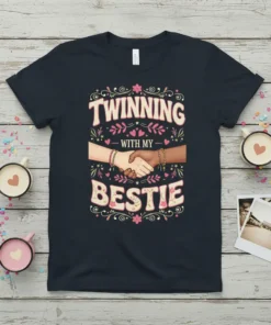Twinning With My Bestie text with two hands shaking design on a navy t-shirt, featuring floral and heart accents