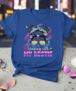 Twinning with MY BESTIE t-shirt design featuring a messy bun hairstyle, colorful sunglasses, and vibrant neon swirls