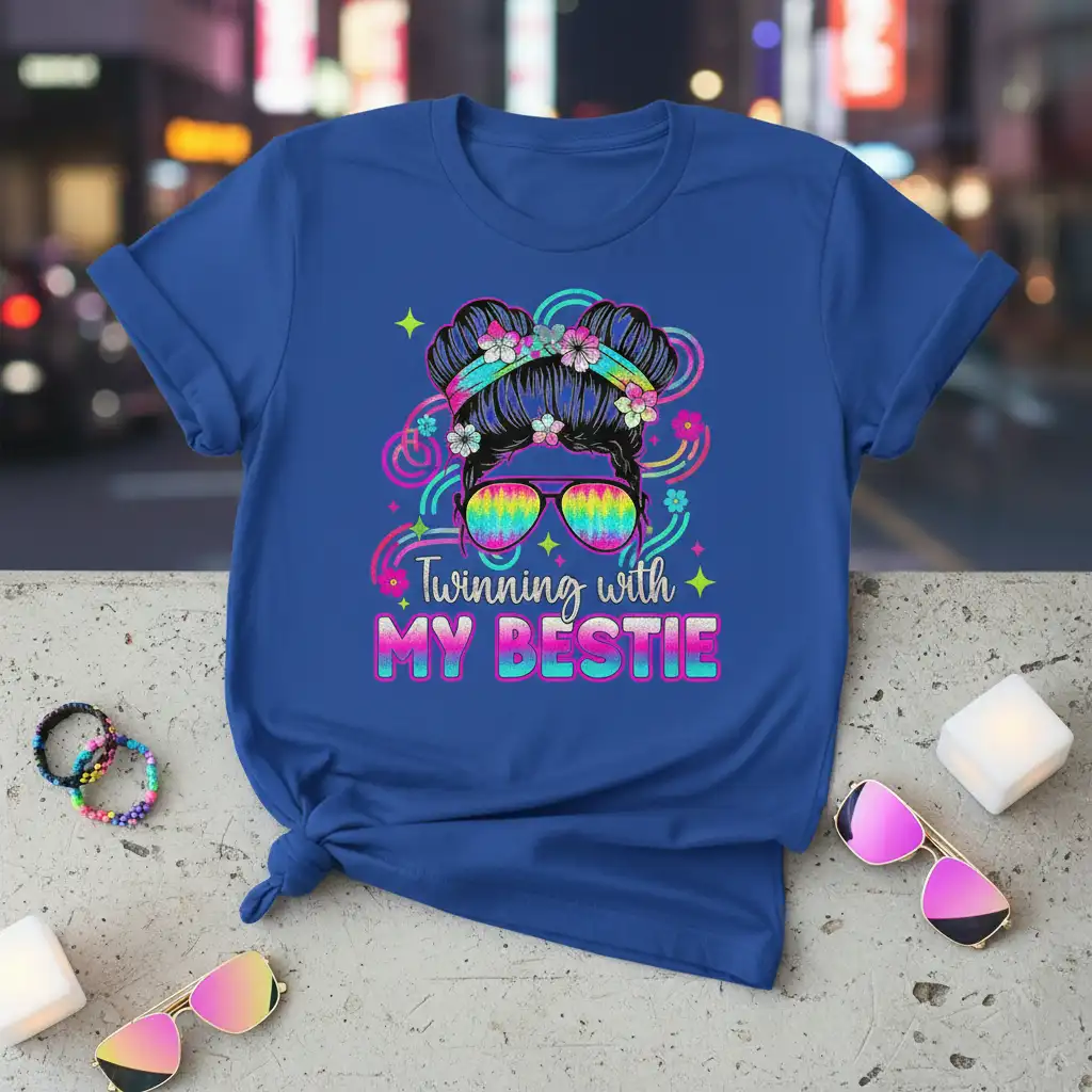 Twinning with MY BESTIE quote design with a graphic of a girl's hairstyle and vibrant, colorful sunglasses