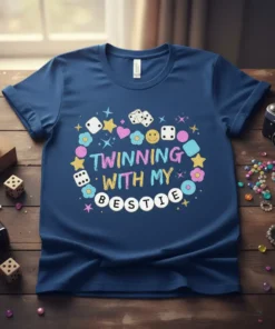 Twinning With My Bestie text design with colorful stars, dice, and flowers on a navy blue t-shirt