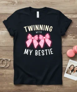 Black t-shirt with "Twinning With My Bestie" text and pink bows graphic
