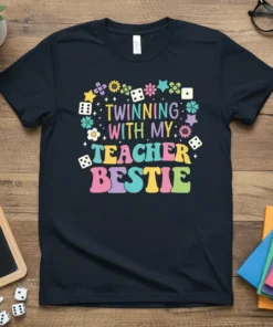 Twinning With My Teacher Bestie t-shirt with colorful retro font and flower graphics, perfect for educators and teaching partners