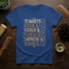 TWISTS LOCS & COILS & CURLS & AFROS & KINKS text design in gold and brown on a royal blue