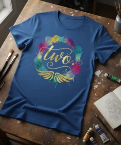 Blue t-shirt with the word "two" in gold script surrounded by colorful watercolor splashes and golden wings graphic