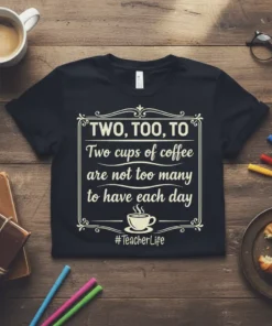Teacher t-shirt with the quote "Two cups of coffee are not too many to have each day" and #TeacherLife hashtag