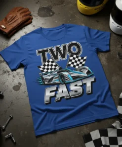 Two Fast race car birthday t-shirt design with bold text and a blue race car with checkered flags