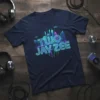 Two Jay Zee text design with neon city skyline graphic on a navy blue t-shirt, representing hip hop culture