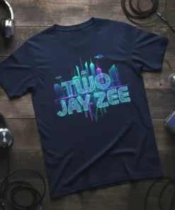 Two Jay Zee text design with neon city skyline graphic on a navy blue t-shirt, representing hip hop culture
