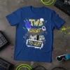 Blue t-shirt with "TWO LEGIT TO QUIT" text in graffiti style, peace sign, boombox, microphone, headphones, and money graphics