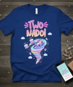 Blue t-shirt with "Two Nado!" text and a colorful unicorn tornado graphic, perfect for a 2nd birthday