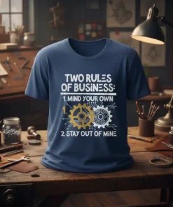 Navy t-shirt with white text: "TWO RULES OF BUSINESS: 1. MIND YOUR OWN 1. 2. STAY OUT OF MINE" and