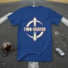Blue t-shirt with bold "TWO-SEATER" text and circular aviation-themed graphic