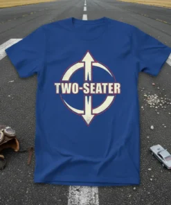 Blue t-shirt with bold "TWO-SEATER" text and circular aviation-themed graphic