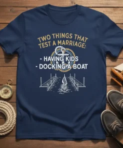 Navy t-shirt with "TWO THINGS THAT TEST A MARRIAGE: - HAVING KIDS - DOCKING A BOAT" text and a nautical
